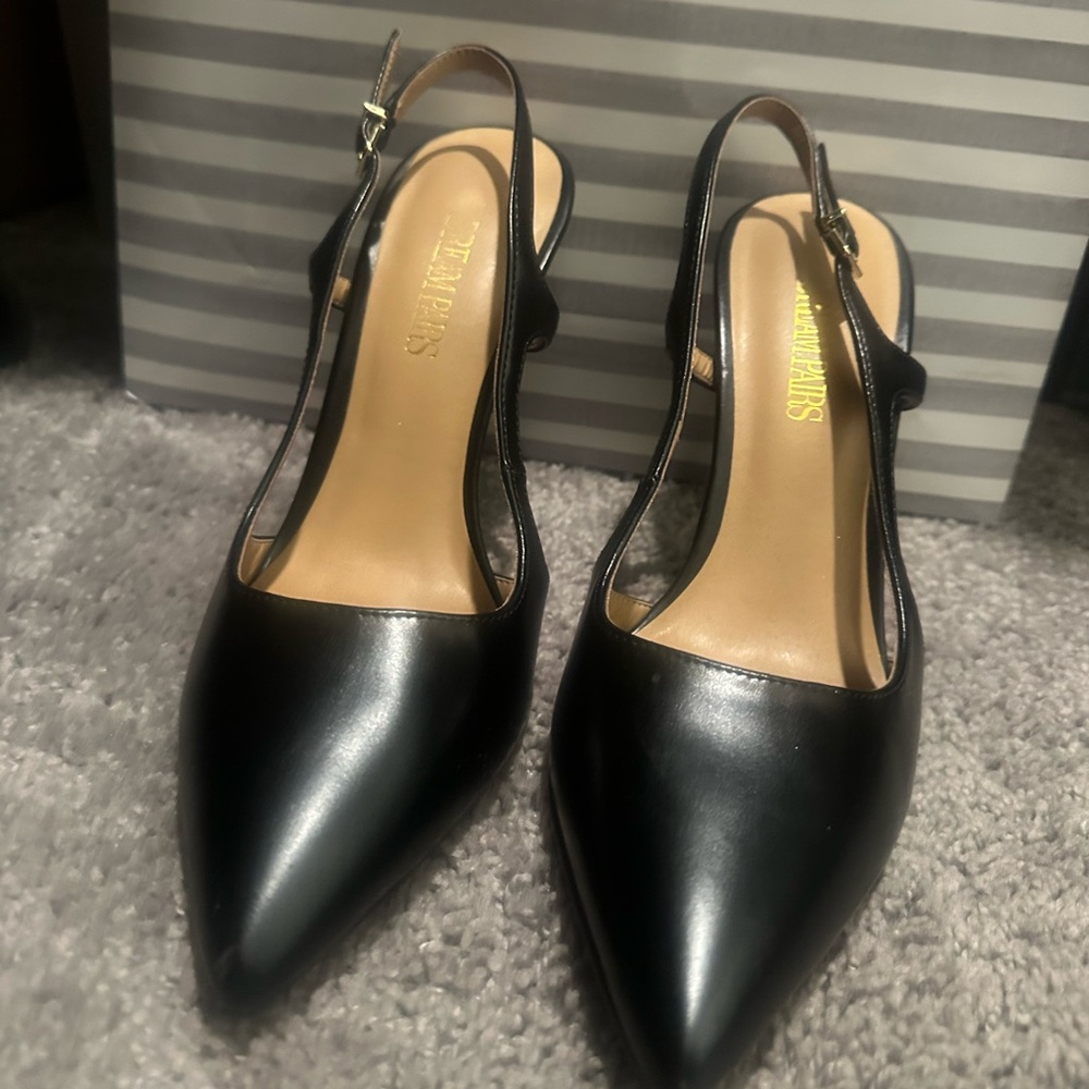 Pointed toe sling back stilettos in faux leather